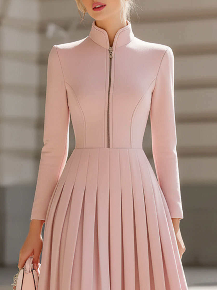 Olivia Bennet | Elegant Blush Pink Pleated Midi Dress With Stand Collar