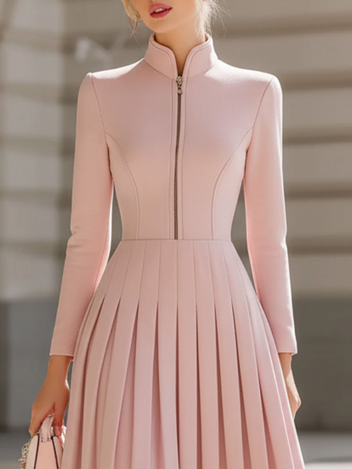 Olivia Bennet | Elegant Blush Pink Pleated Midi Dress With Stand Collar
