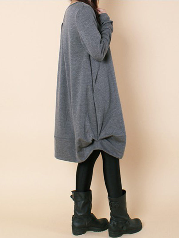 Olivia Bennet | A-line Long Sleeves Pleated Solid Color Round-neck Dresses Maxi Dresses