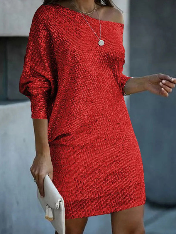 Olivia Bennet | A-Line Loose Asymmetric Sequined Solid Color One-Shoulder Mini Dresses