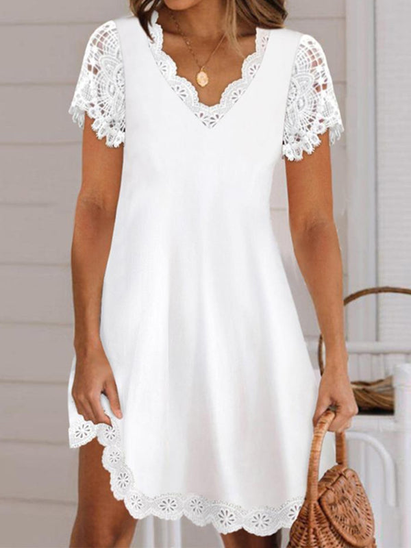 Olivia Bennet | Loose Short Sleeves Solid Color Split-Joint V-Neck Mini Dresses
