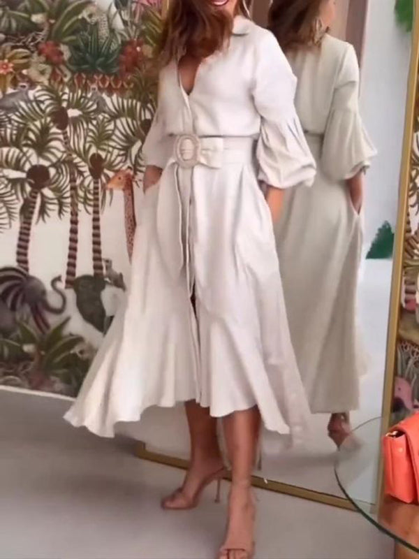 Olivia Bennet | High-Low Puff Sleeves Pleated Solid Color Lapel Collar Maxi Dresses