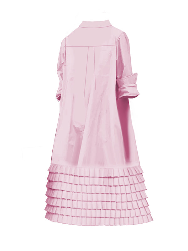 Olivia Bennet | A-Line Long Sleeves Layered Pleated Pockets Solid Color Split-Joint Lapel Midi Dresses Shirt Dress