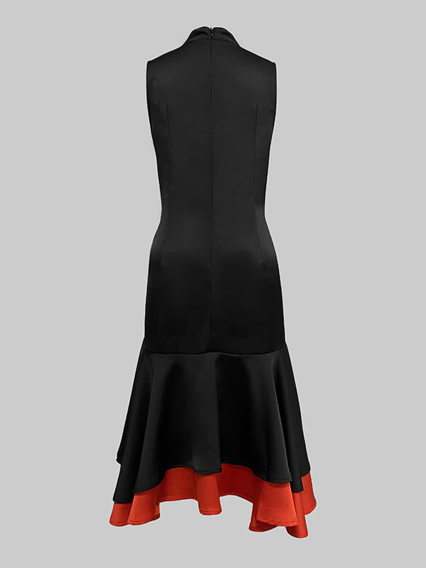 Olivia Bennet | Loose Sleeveless Contrast Color Split-Joint Tiered High Neck Evening Dresses Midi Dresses