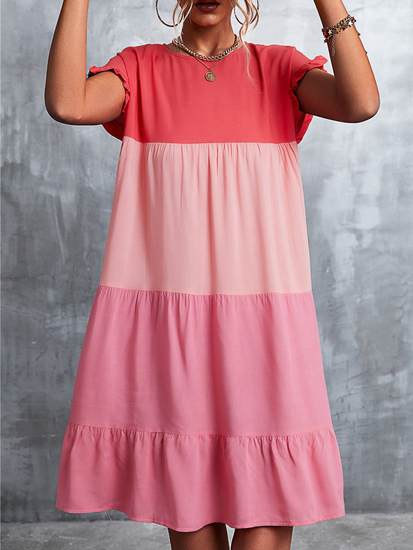 Olivia Bennet | Loose Ruffle Sleeves Contrast Color Falbala Pleated Split-Joint Round-Neck Mini Dresses