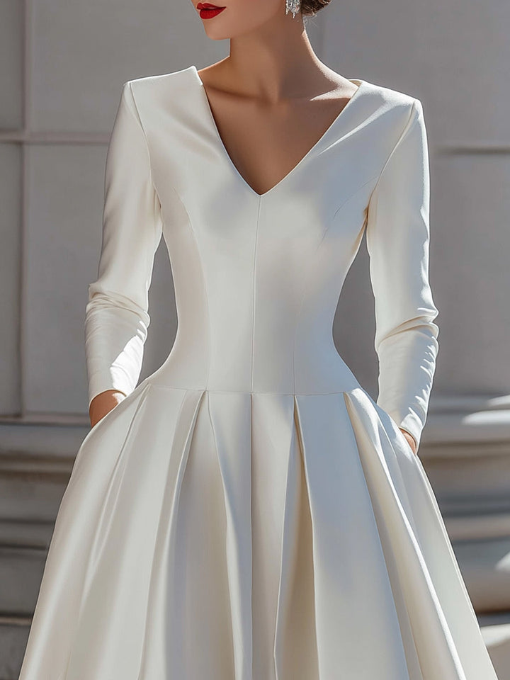 Olivia Bennet | V-Neck Pleated A-Line Satin Midi Dress