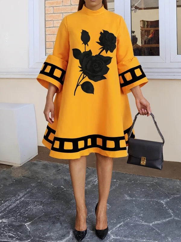 Olivia Bennet | A-Line Flared Sleeves Flower Print Split-Joint Mock Neck Midi Dresses