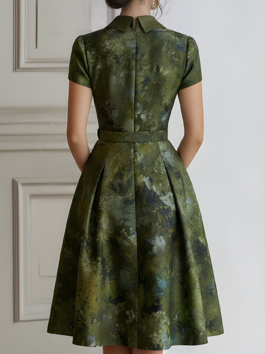 Olivia Bennet | Floral Lapel Short Sleeve Midi Dress With Tailored Waist