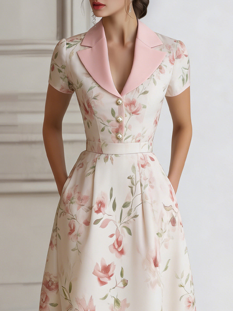 Olivia Bennet | Floral Lapel Short Sleeve Midi Dress With Tailored Waist