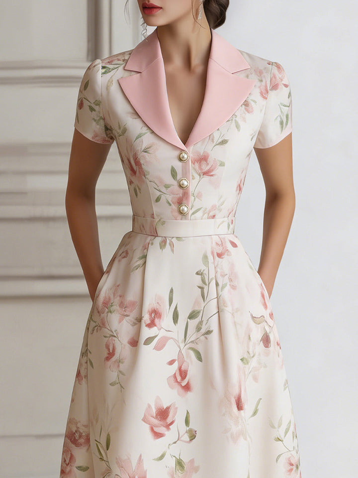 Olivia Bennet | Floral Lapel Short Sleeve Midi Dress With Tailored Waist