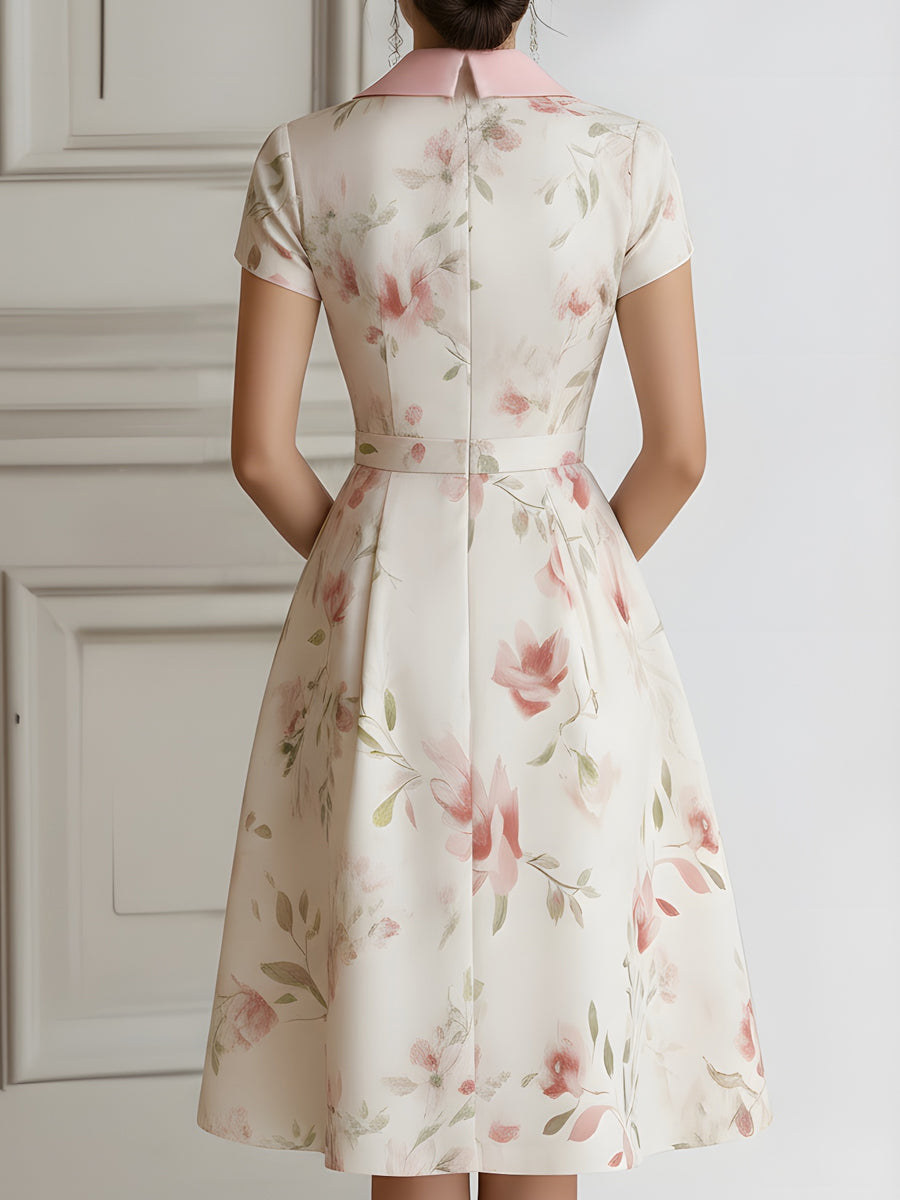 Olivia Bennet | Floral Lapel Short Sleeve Midi Dress With Tailored Waist