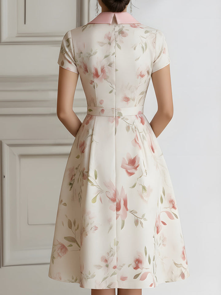 Olivia Bennet | Floral Lapel Short Sleeve Midi Dress With Tailored Waist