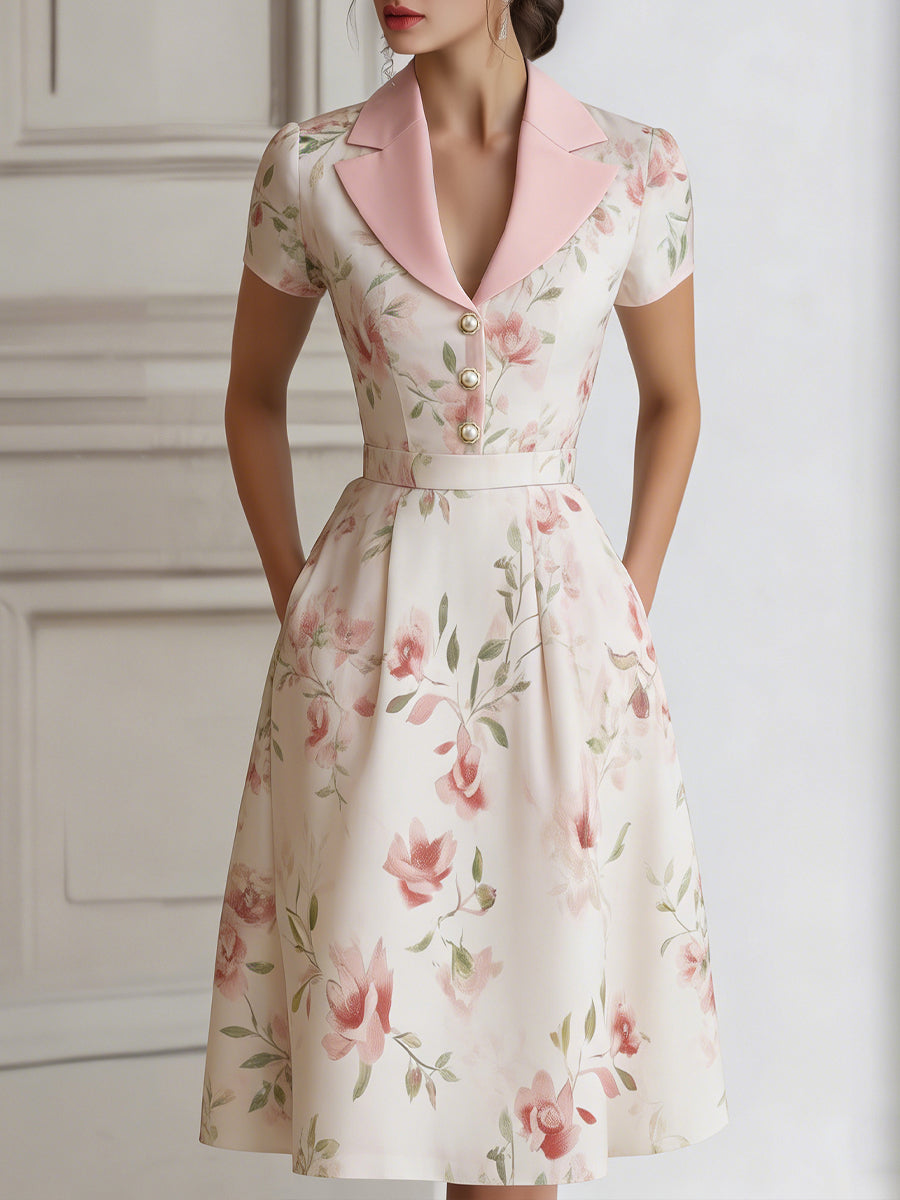 Olivia Bennet | Floral Lapel Short Sleeve Midi Dress With Tailored Waist