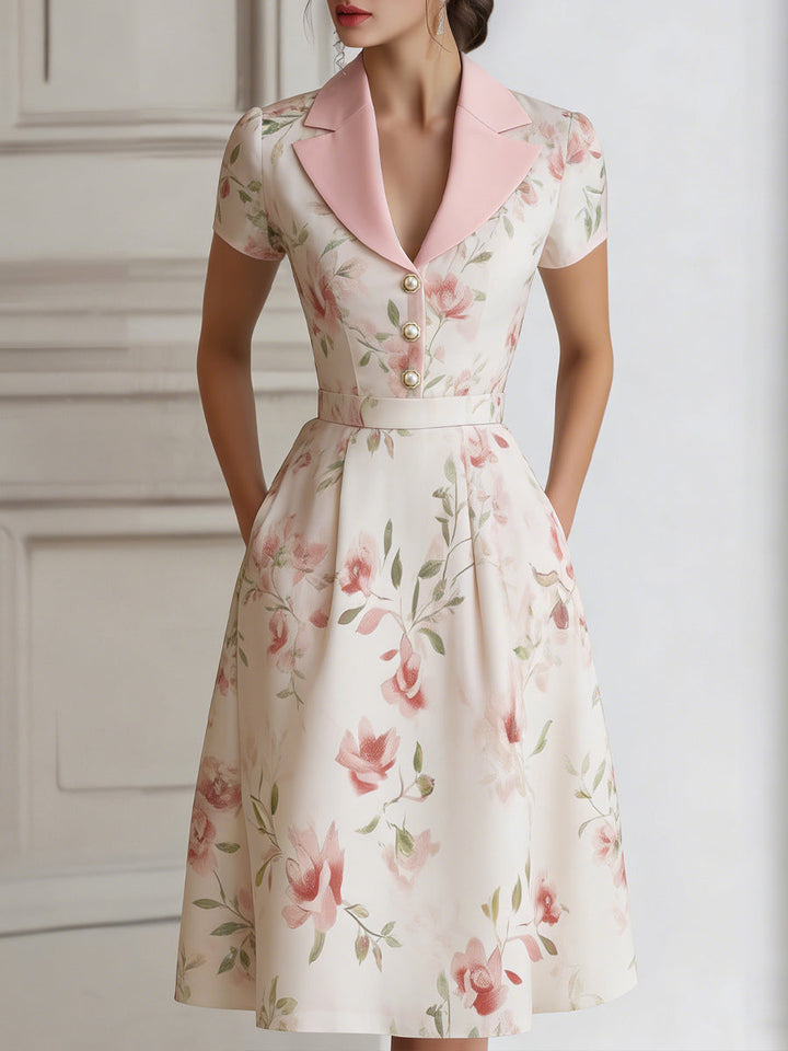 Olivia Bennet | Floral Lapel Short Sleeve Midi Dress With Tailored Waist