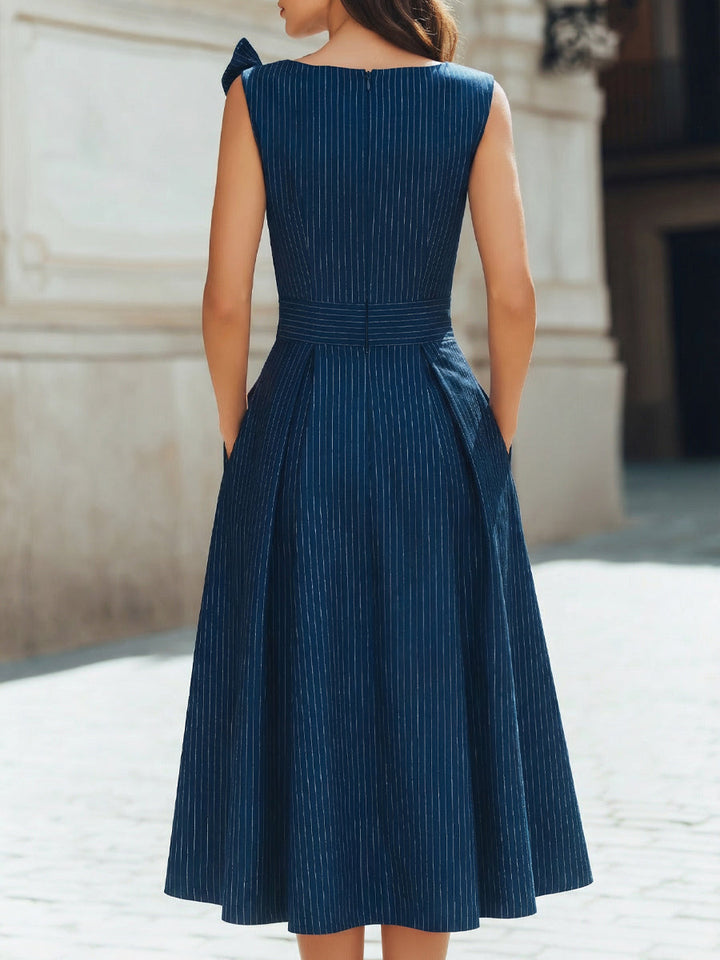 Olivia Bennet | Bow Shoulder Pinstripe A-Line Midi Dress