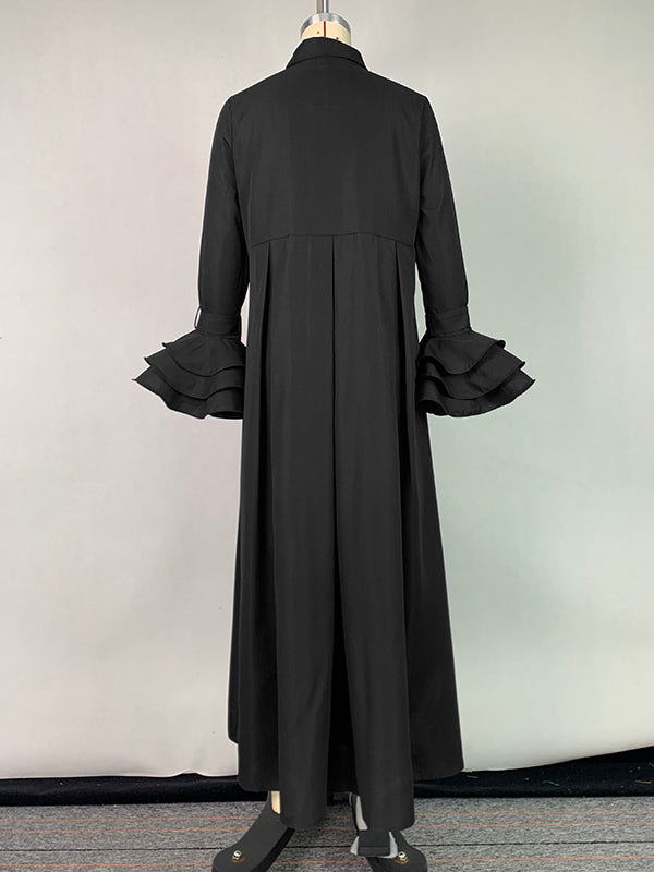 Olivia Bennet | Flared Sleeves Pleated Solid Color Split-Joint Lapel Maxi Dresses Shirt Dress