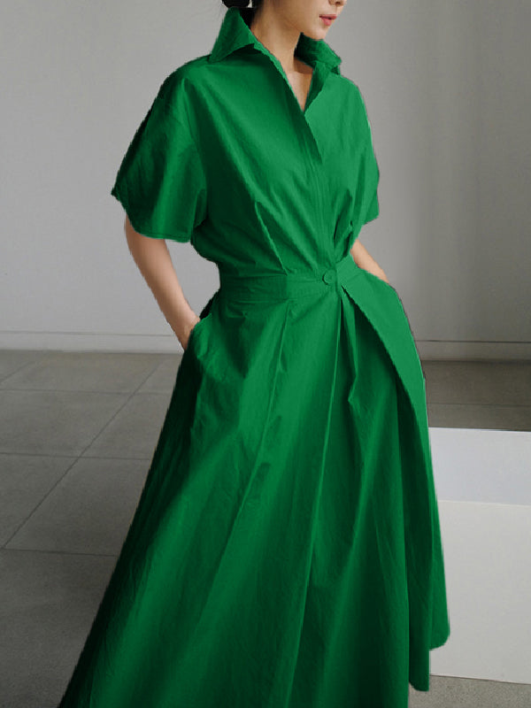 Olivia Bennet | High Waisted Loose Pleated Solid Color V-Neck Midi Dresses