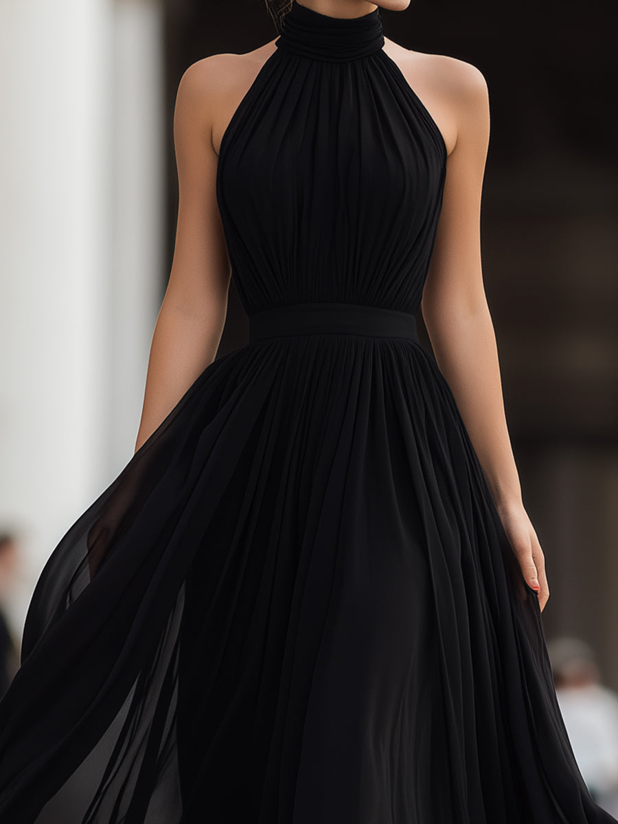Olivia Bennet | Black Halter Neck Pleated Chiffon Maxi Dress