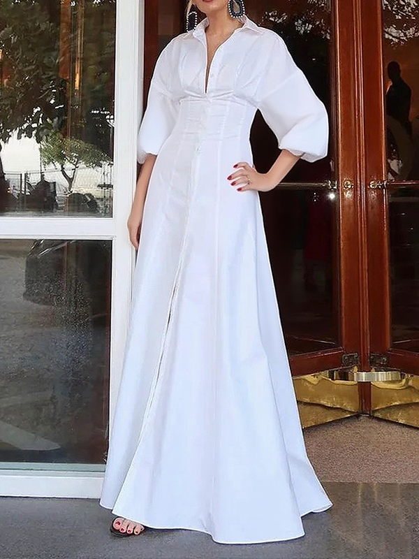 Olivia Bennet | High Waisted Long Sleeves Buttoned Solid Color Lapel Maxi Dresses