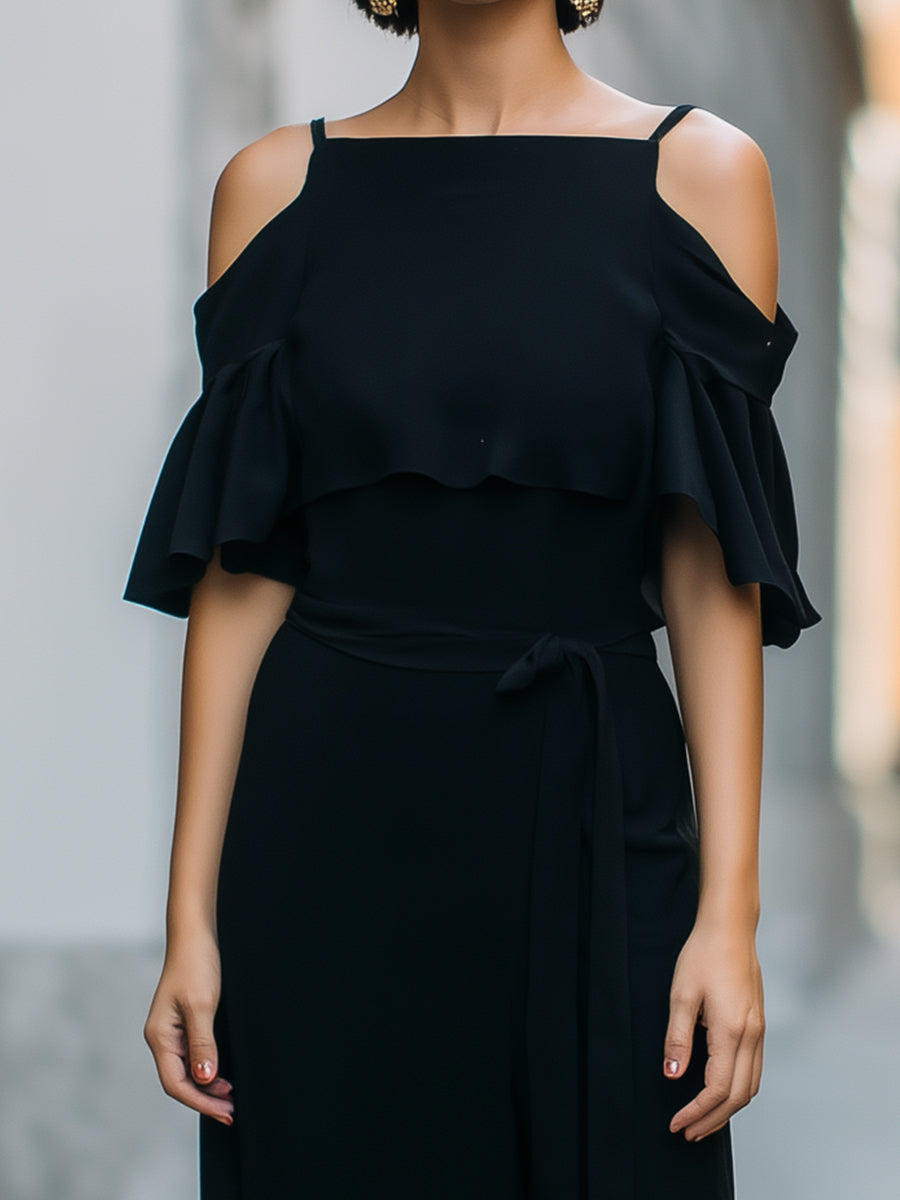 Olivia Bennet | Black Cold-Shoulder Ruffled Chiffon Midi Dress