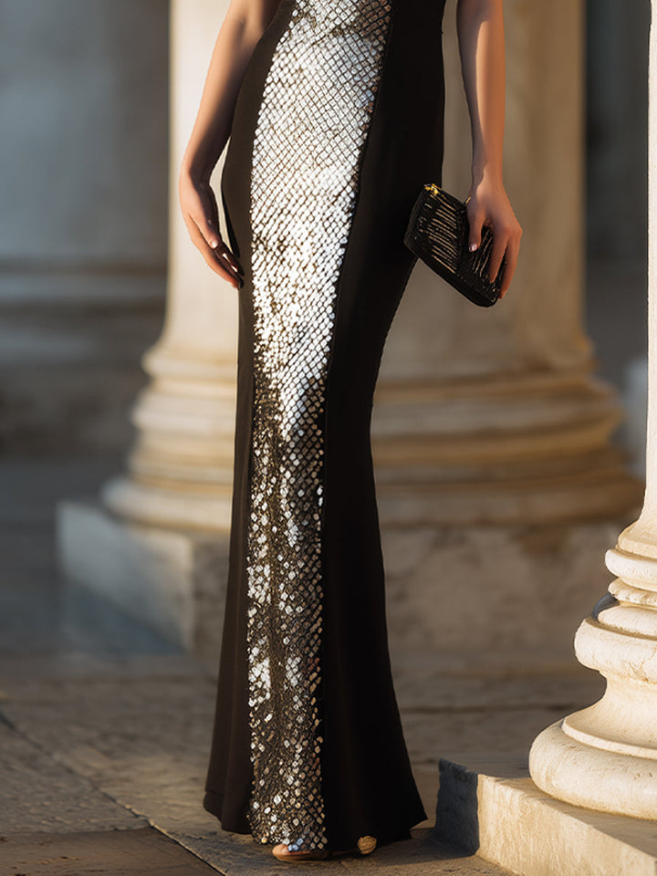 Olivia Bennet | Black Sculpted-Panel Sleeveless Satin Evening Gown