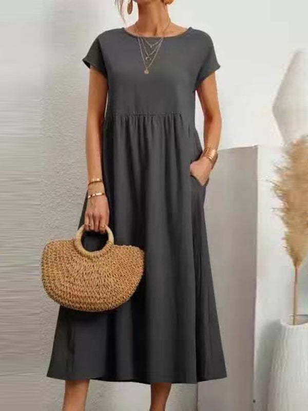 Olivia Bennet | Loose Short Sleeves Pleated Solid Color Round-Neck Midi Dresses