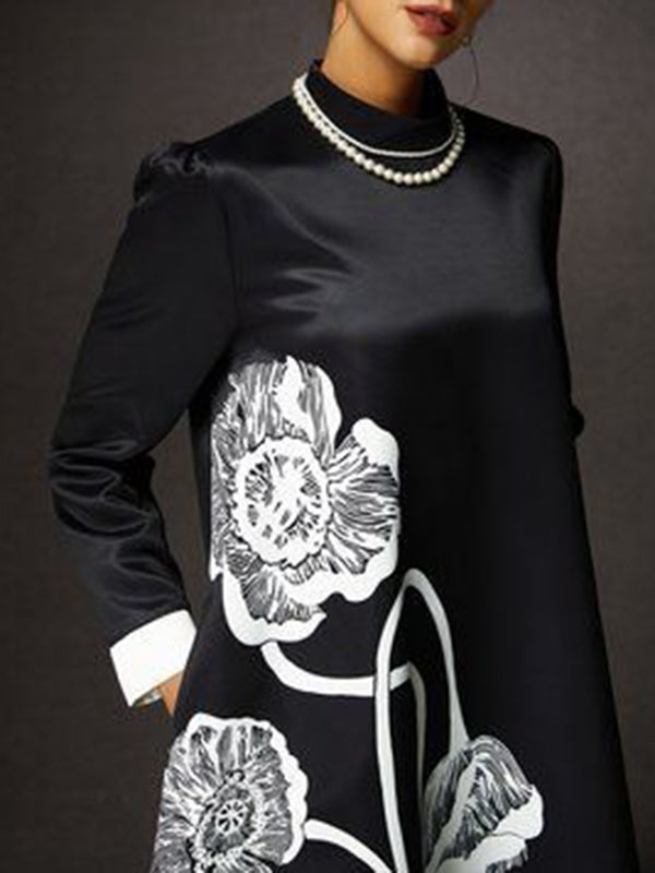 Olivia Bennet | A-Line Long Sleeves Contrast Color Floral Printed Split-Joint High Neck Midi Dresses