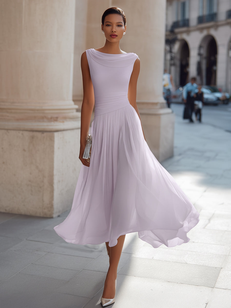 Olivia Bennet | Draped Neck Sleeveless Pleated Midi Dress