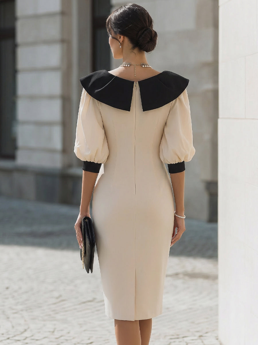 Olivia Bennet | Contrast Ruffle Collar Puff Sleeve Midi Dress