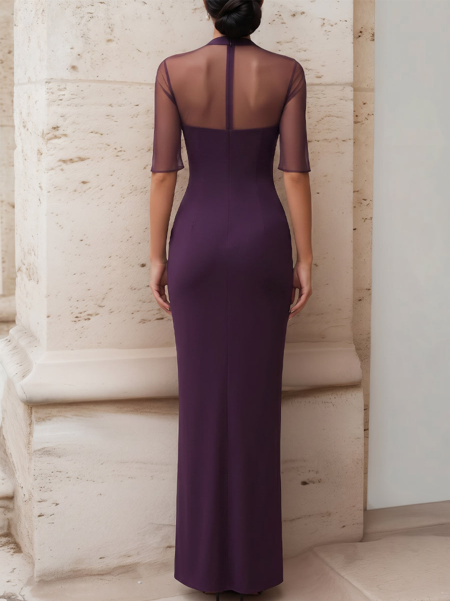Olivia Bennet | Sheer Sleeve Draped Ruched High-Slit Maxi Dress