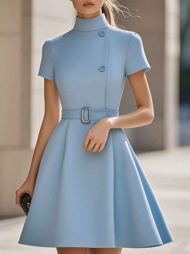 Olivia Bennet | Elegant Black High-Neck Dress with Belted Waist