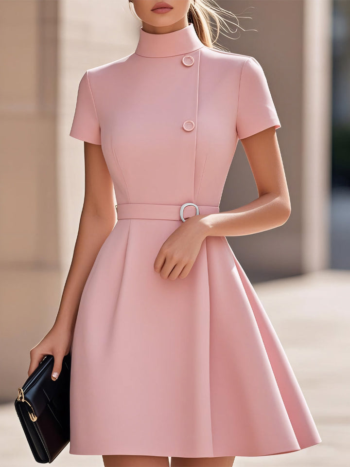 Olivia Bennet | Elegant Black High-Neck Dress with Belted Waist