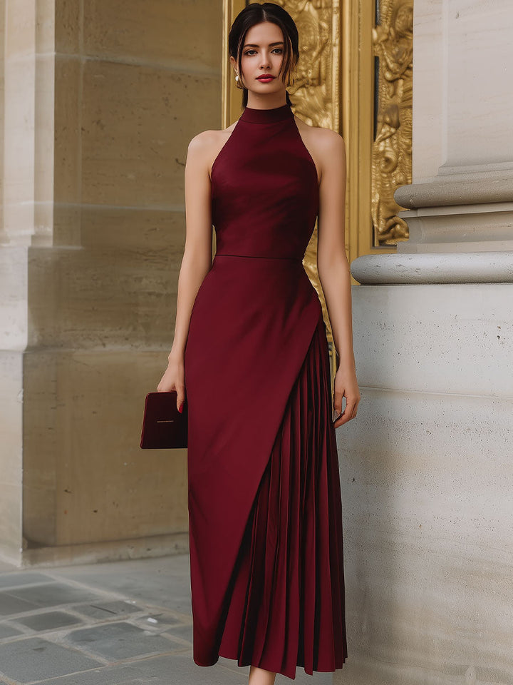 Olivia Bennet | Burgundy Halter-Neck Asymmetric Pleated Chiffon Dress
