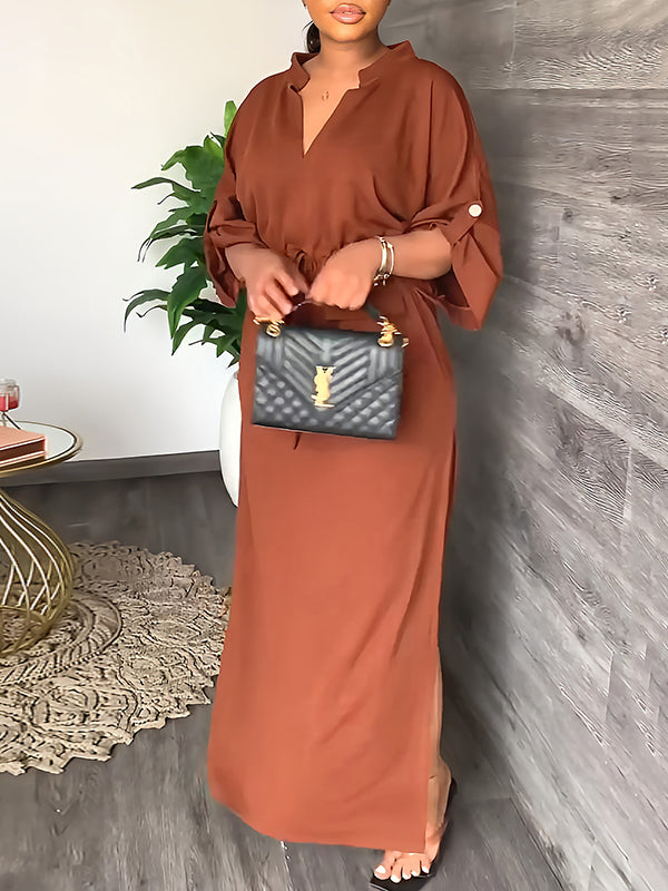 Olivia Bennet | Loose Drawstring Solid Color Split-Side V-Neck Maxi Dresses