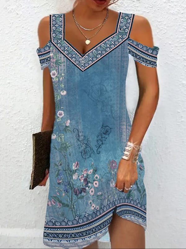 Olivia Bennet | A-Line High Waisted Flower Print Hollow Cold Shoulder Mini Dresses
