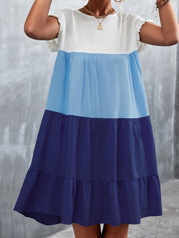 Olivia Bennet | Loose Ruffle Sleeves Contrast Color Falbala Pleated Split-Joint Round-Neck Mini Dresses