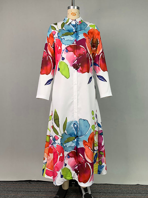 Olivia Bennet | Long Sleeves Loose Buttoned Flower Print Lapel Maxi Dresses Shirt Dress