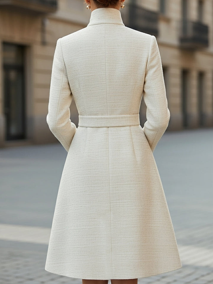 Olivia Bennet | Elegant Belted High-Neck Wool Blend Dress