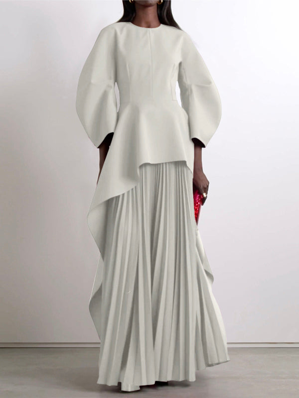 Olivia Bennet | Long Sleeves Loose Pleated Solid Color Split-Joint Tiered Round-Neck Maxi Dresses