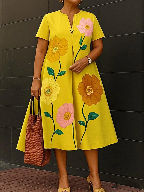 Olivia Bennet | A-Line Loose Flower Print V-Neck Midi Dresses