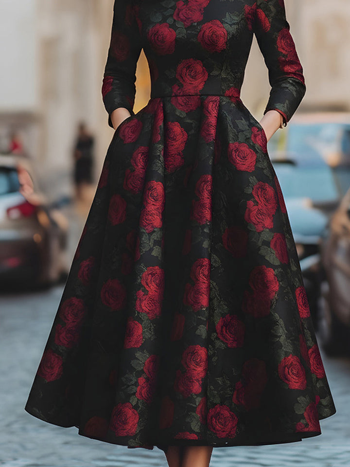 Olivia Bennet | Elegant Jacquard Rose Print Midi Dress