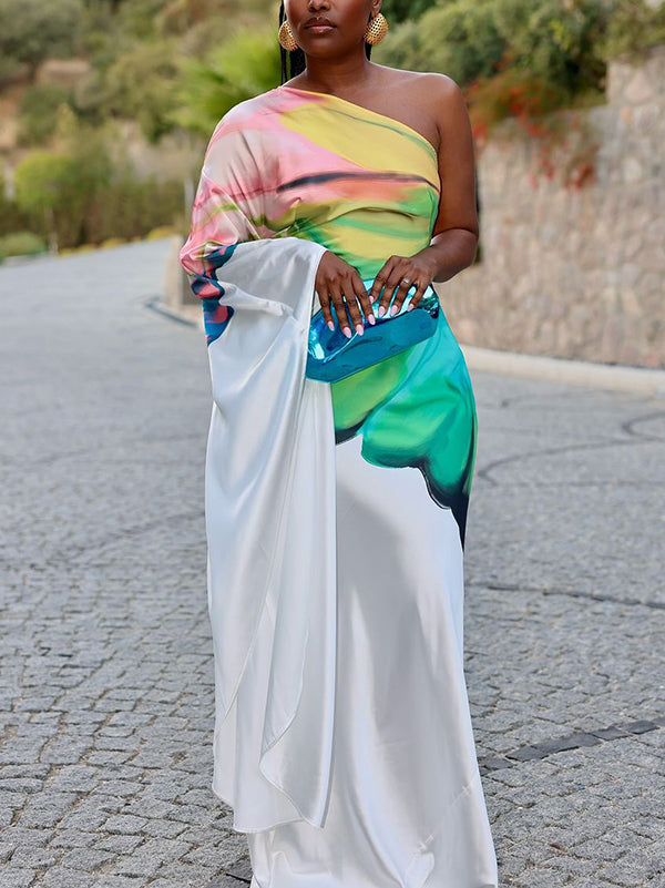 Olivia Bennet | Long Sleeves Loose Asymmetric Flower Print One-Shoulder Maxi Dresses