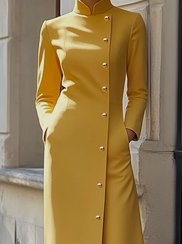 Olivia Bennet | Long Sleeves Loose Buttoned Pockets Solid Color Split-Joint Stand Collar Maxi Dresses