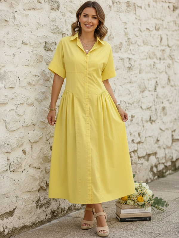 Olivia Bennet | Loose Short Sleeves Buttoned Pleated Solid Color Lapel Collar Midi Dresses Shirt Dress