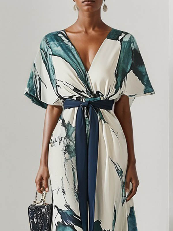 Olivia Bennet | Batwing Sleeves Loose Printed Tied Waist V-Neck Evening Dresses Maxi Dresses