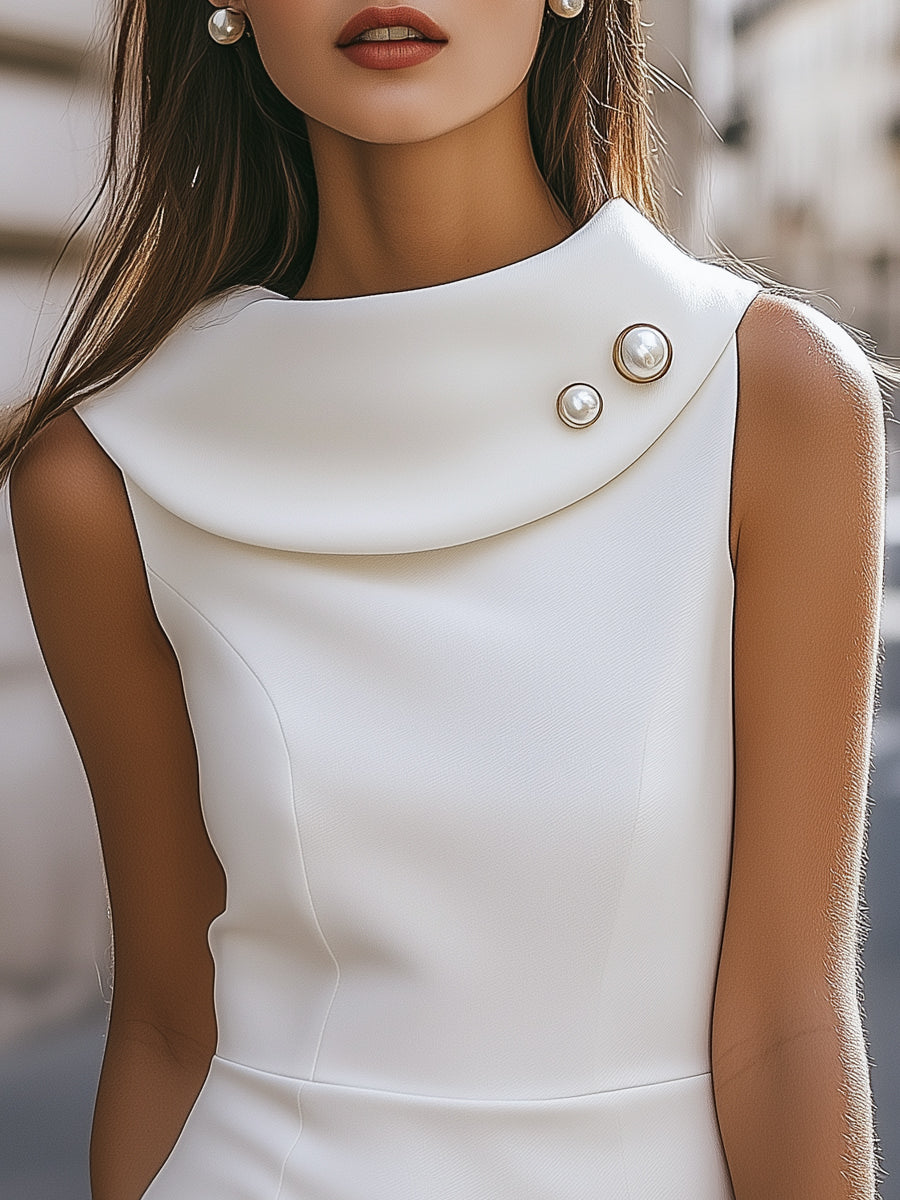 Olivia Bennet | Chic Fold-Over Collar Sleeveless Satin Dress
