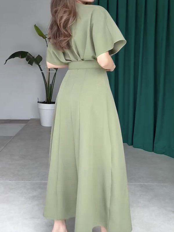 Olivia Bennet | Loose Raglan Sleeve Pleated Split-Front Split-Joint Tied Waist Round-Neck Maxi Dresses