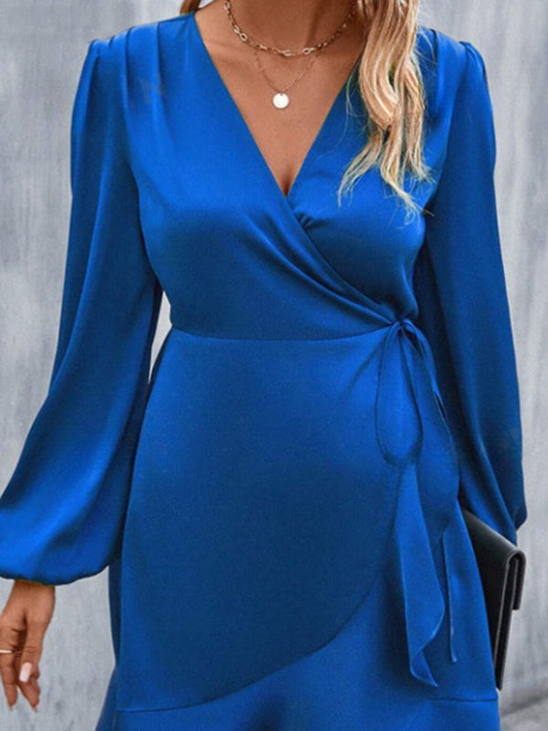 Olivia Bennet | High Waisted High-Low Elasticity Pleated Solid Color Split-Joint Tied V-Neck Mini Dresses