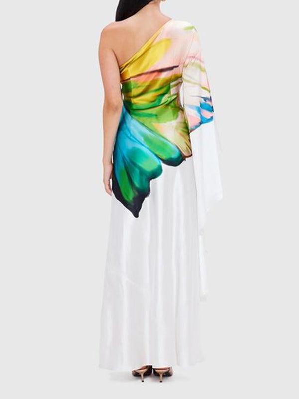 Olivia Bennet | Long Sleeves Loose Asymmetric Flower Print One-Shoulder Maxi Dresses