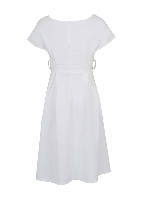 Olivia Bennet | Bowknot Lace-Up Solid Color V-Neck Midi Dresses